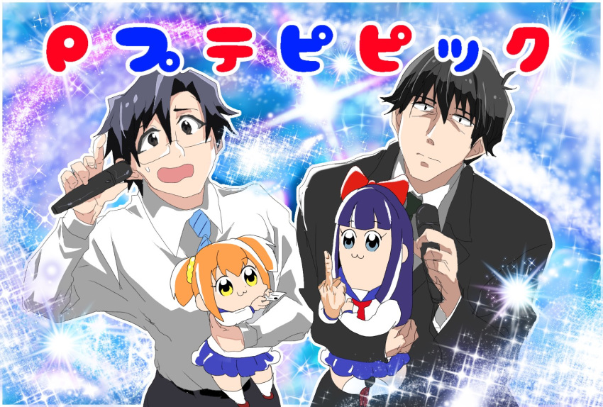 2boys, 2girls, akabane_kenji, blue_eyes, blue_hair, bow, business_card, formal