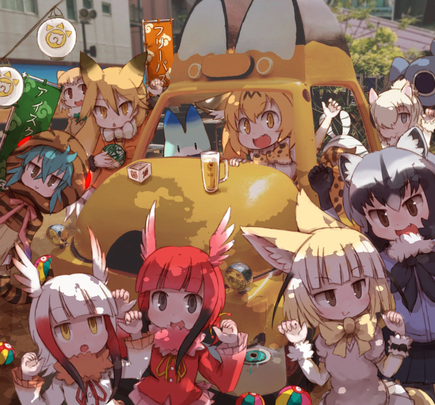 6+girls, :d, :o, ahoge, alcohol, alpaca_ears, alpaca_suri_(kemono_friends), animal_ears