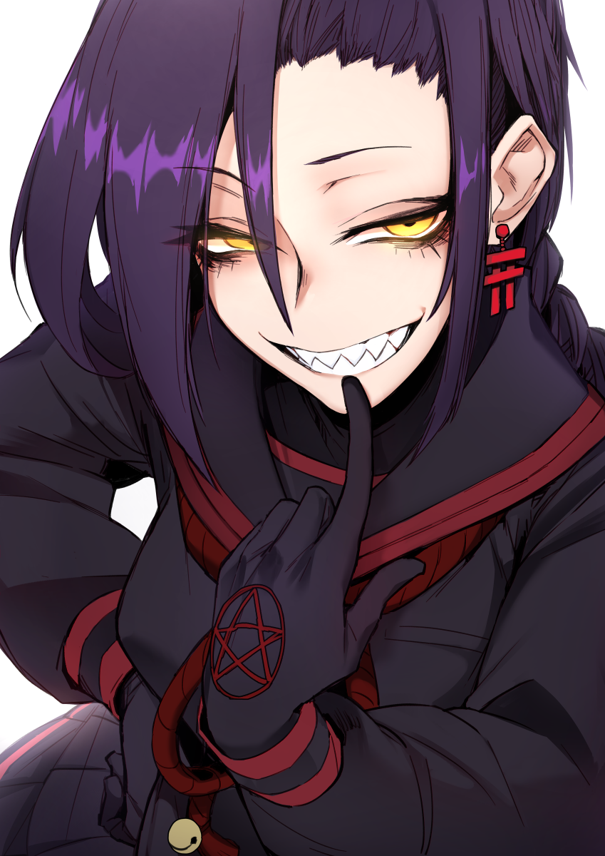 1girl, black_gloves, braid, chikujouin_magane, earrings, gloves, highres, j.k., jewelry, long_hair, purple_hair, re:creators, school_uniform, serafuku, sharp_teeth, single_braid, smile, solo, teeth, torii_earrings, yellow_eyes