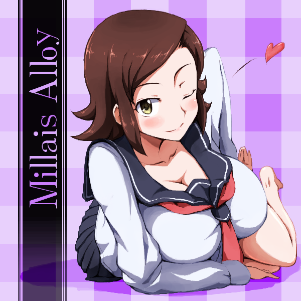 1girl, barefoot, blush, blush_stickers, breasts, brown_eyes, brown_hair, character_name, cleavage, gundam, gundam_age, heart, large_breasts, looking_at_viewer, lying, millais_alloy, on_stomach, one_eye_closed, pleated_skirt, runaru, school_uniform, serafuku, short_hair, skirt, smile, solo