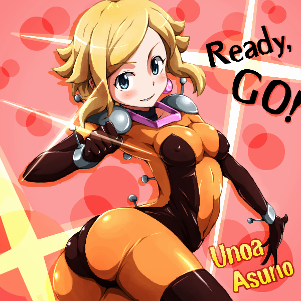 1girl, alone, arched_back, ass, blonde_hair, blush, blush_stickers, bodysuit, breasts, butt_crack, cleavage, cosplay, curvy, earring, earrings, english_text, female, g_gundam, grin, gundam, gundam_age, hips, looking_at_viewer, medium_breasts, mobile_trace_suit, navel, pose, rain_mikamura, rain_mikamura_(cosplay), runaru, short_hair, skin_tight, smile, solo, stomach, suit, thick_thighs, thighs, unoa_asuno, wide_hips