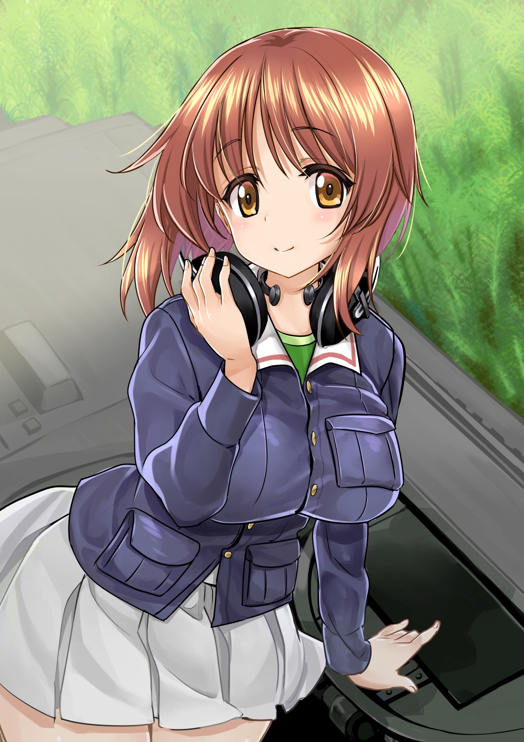 1girl, adjusting_headphones, arm_support, bangs, blue_jacket, breasts, brown_eyes, brown_hair
