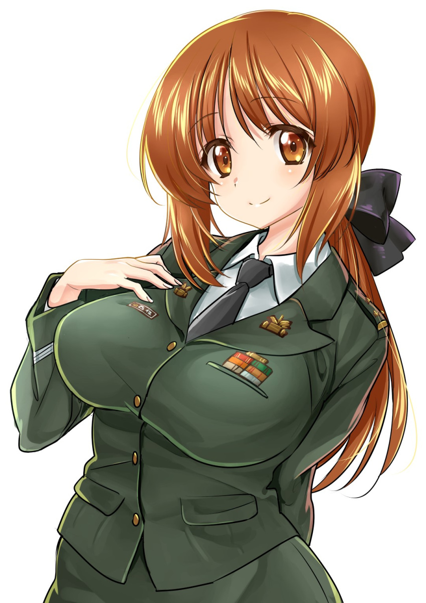 1girl, alternate_costume, alternate_hair_length, alternate_hairstyle, arm_behind_back, bangs, black_neckwear, black_ribbon
