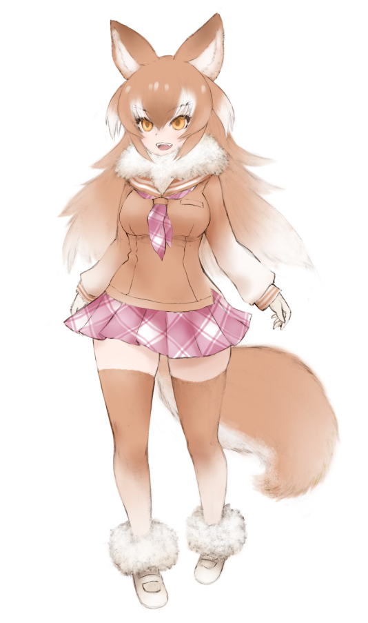 1girl, :d, breasts, brown_hair, brown_sailor_collar, eyebrows, eyebrows_visible_through_hair, fangs