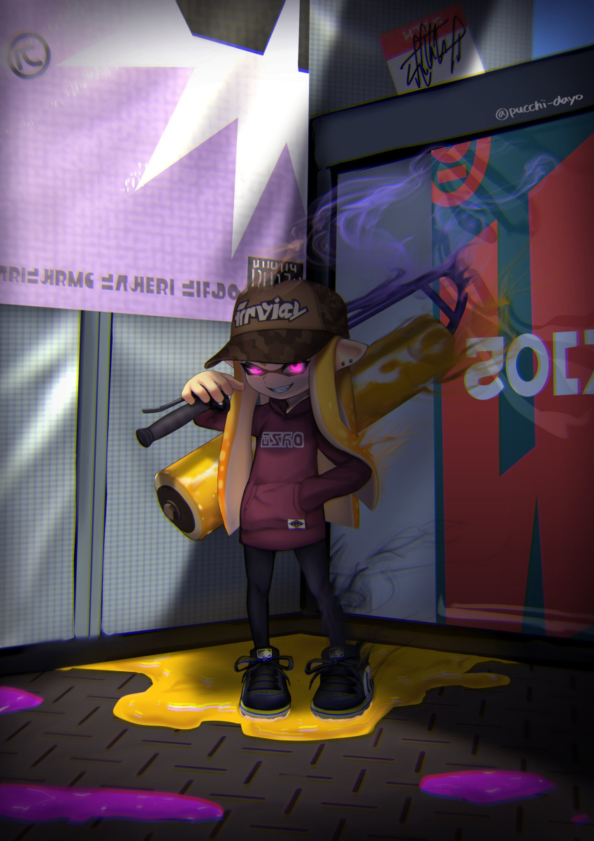 1girl, absurdres, aura, baseball_cap, black_footwear, black_pants, brown_hat, brown_shirt, camouflage_hat, cross-laced_footwear, domino_mask, earrings, flingza_roller_(splatoon), full_body, glowing, glowing_eyes, grin, hand_in_pocket, hat, highres, holding, holding_weapon, hood, hoodie, inkling, inkling_(language), jewelry, long_hair, long_sleeves, looking_at_viewer, mask, orange_hair, paint_splatter, pants, pointy_ears, puchiman, shadow, sharp_teeth, shirt, smile, smoke, solo, splatoon, splatoon_2, standing, stud_earrings, teeth, tentacle_hair, twitter_username, violet_eyes, weapon