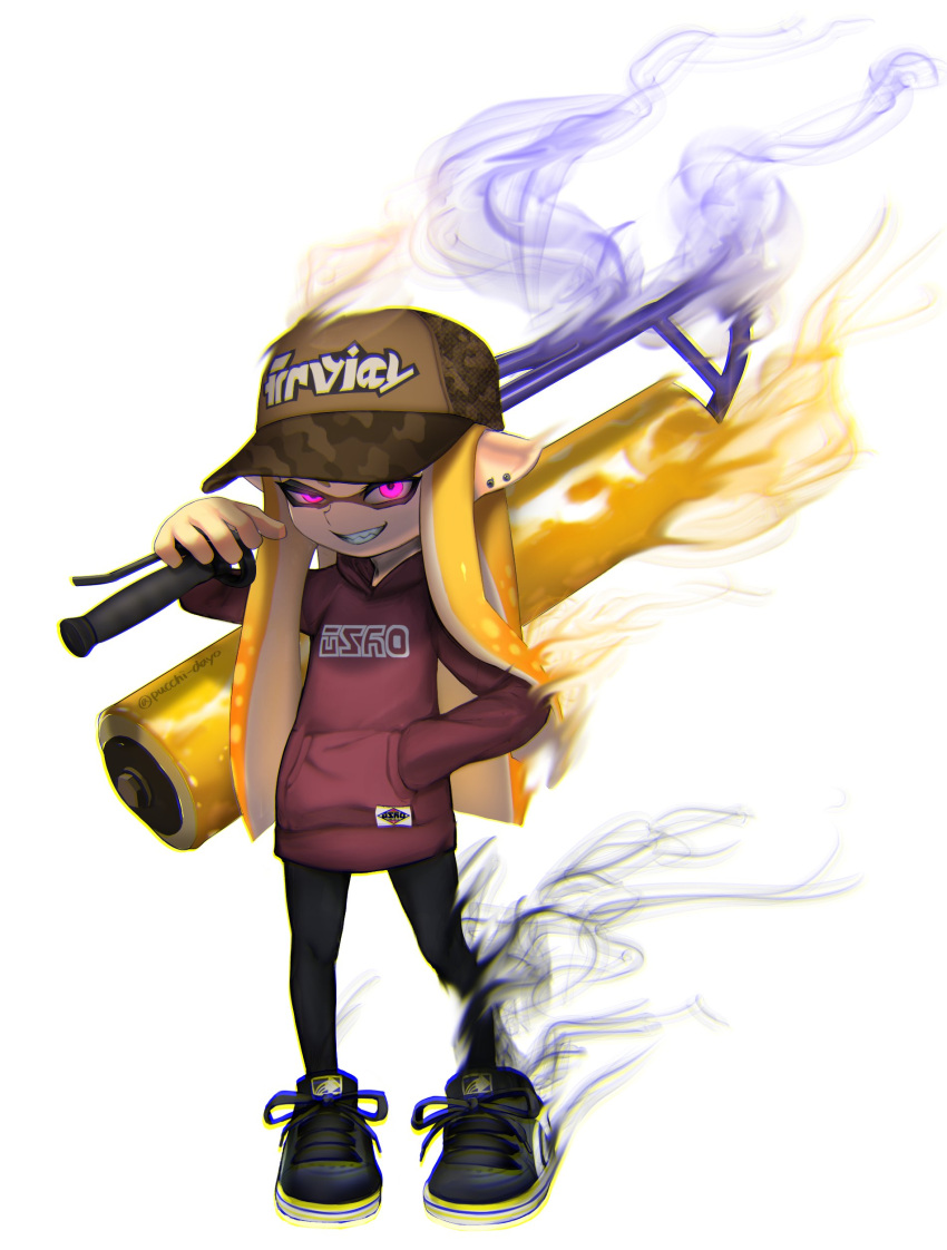1girl, absurdres, aura, baseball_cap, black_footwear, black_pants, brown_hat, brown_shirt, camouflage_hat, cross-laced_footwear, domino_mask, earrings, flingza_roller_(splatoon), full_body, glowing, glowing_eyes, grin, hand_in_pocket, hat, highres, holding, holding_weapon, hood, hoodie, inkling, inkling_(language), jewelry, long_hair, long_sleeves, looking_at_viewer, mask, orange_hair, pants, pointy_ears, puchiman, sharp_teeth, shirt, simple_background, smile, smoke, solo, splatoon, splatoon_2, standing, stud_earrings, teeth, tentacle_hair, violet_eyes, weapon, white_background
