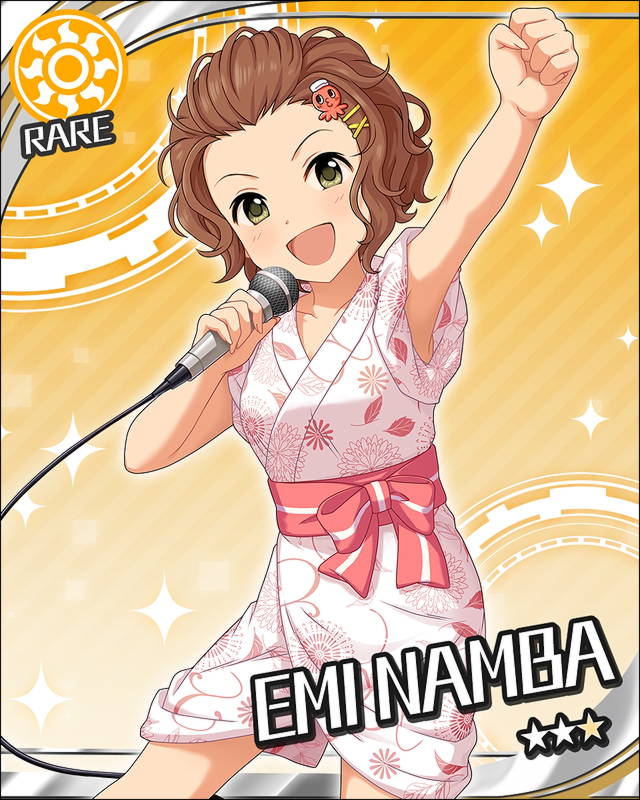 1girl, artist_request, brown_hair, card_(medium), character_name, clenched_hand, floral_print, green_eyes