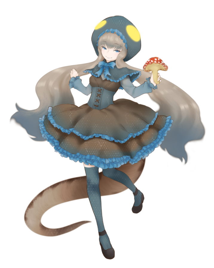 1girl, bangs, black_footwear, blue_bow, blue_capelet, blue_eyes, blue_hair, blue_legwear