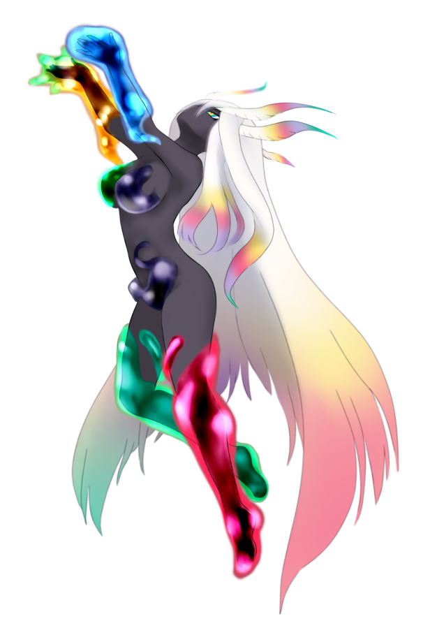 1girl, arms_up, black_skin, cerulean_queen_(kemono_friends), facing_away, full_body, gradient_hair, head_wings