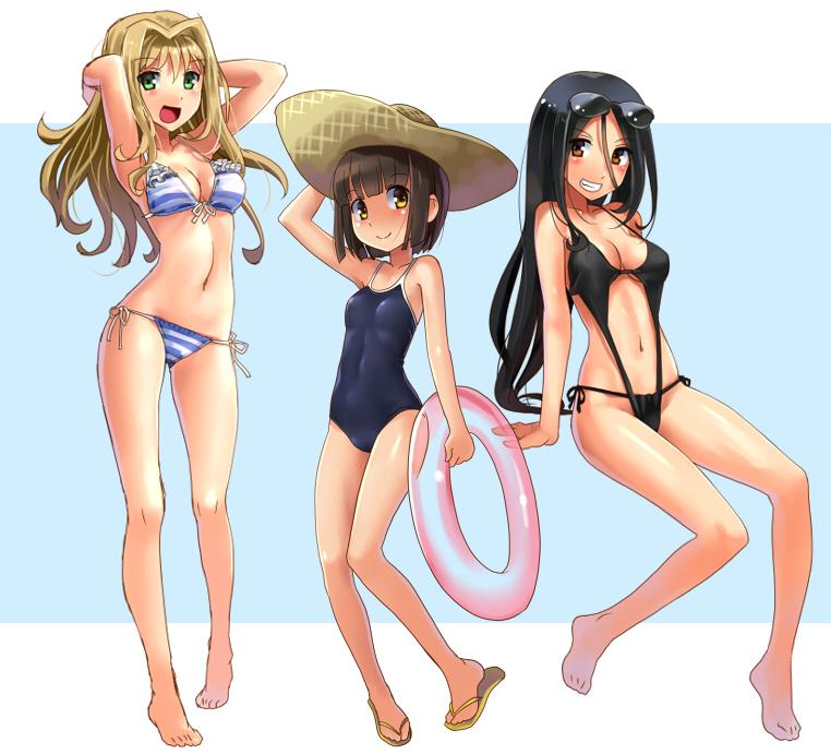 arm_behind_head, arm_support, arms_behind_head, bangs, barefoot, bikini, black_hair, blonde_hair