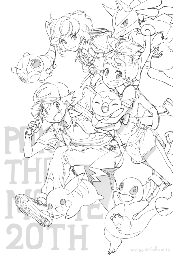 1girl, 2boys, anniversary, backpack, bag, baseball_cap, caterpie, charmander, greyscale, hat, jacket, legwear_under_shorts, looking_at_viewer, lucario, makoto_(pokemon), melso, monochrome, multiple_boys, pikachu, piplup, pokemon, pokemon:_kimi_ni_kimeta!, pokemon_(anime), pokemon_(creature), satoshi_(pokemon), shirt, shorts, simple_background, smile, souji_(pokemon), t-shirt, twitter_username, white_background
