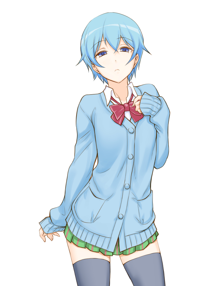 1girl, aoki_kanji, arm_at_side, bangs, blue_eyes, blue_hair, blue_skirt, bow