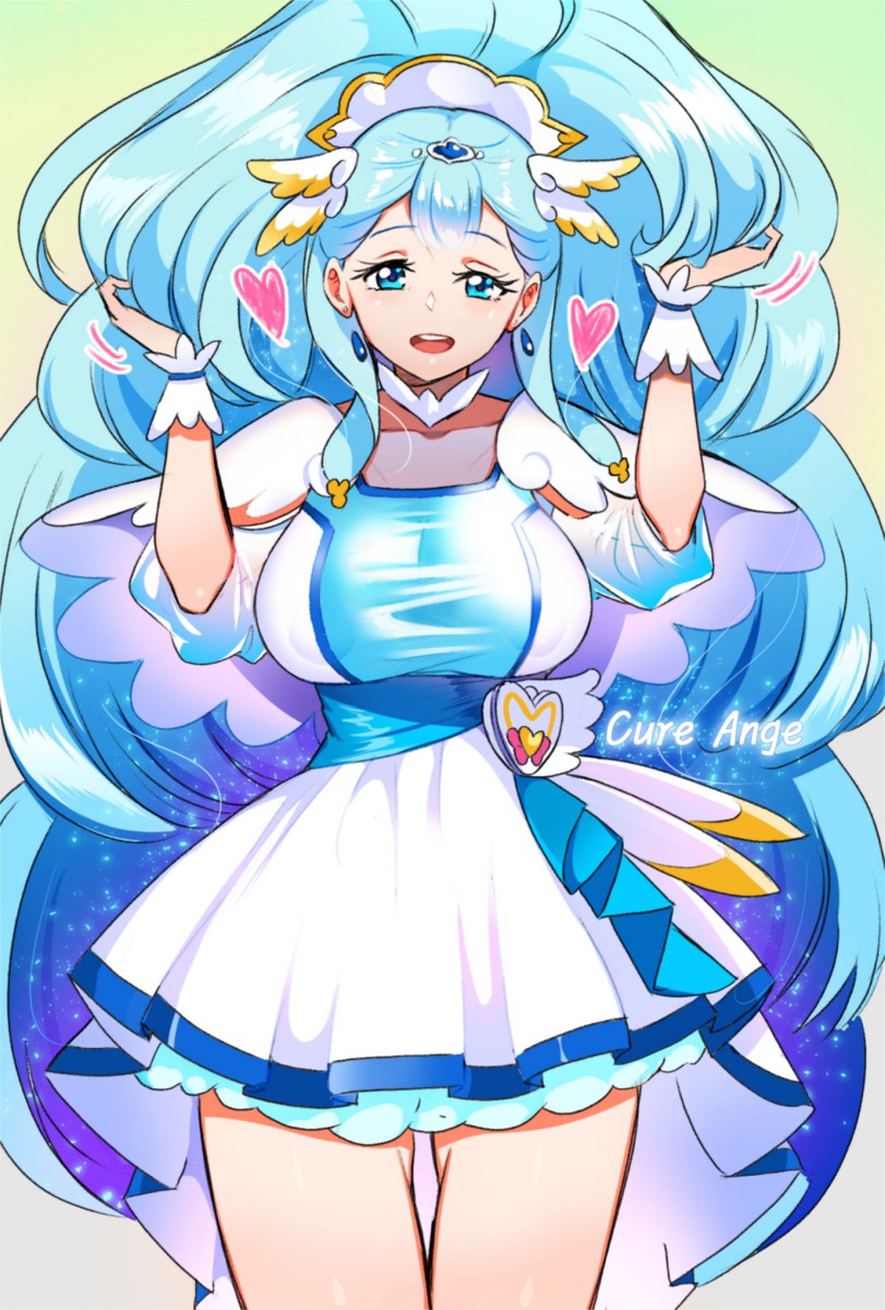 1girl, :d, alternate_breast_size, blue_eyes, blue_hair, breasts, character_name, cowboy_shot, cure_ange, dress, earrings, hair_ornament, hair_tousle, head_wings, heart, highres, hugtto!_precure, jewelry, large_breasts, long_hair, looking_at_viewer, magical_girl, open_mouth, precure, rumo, smile, solo, taut_clothes, thigh_gap, very_long_hair, white_dress, wrist_cuffs, yakushiji_saaya