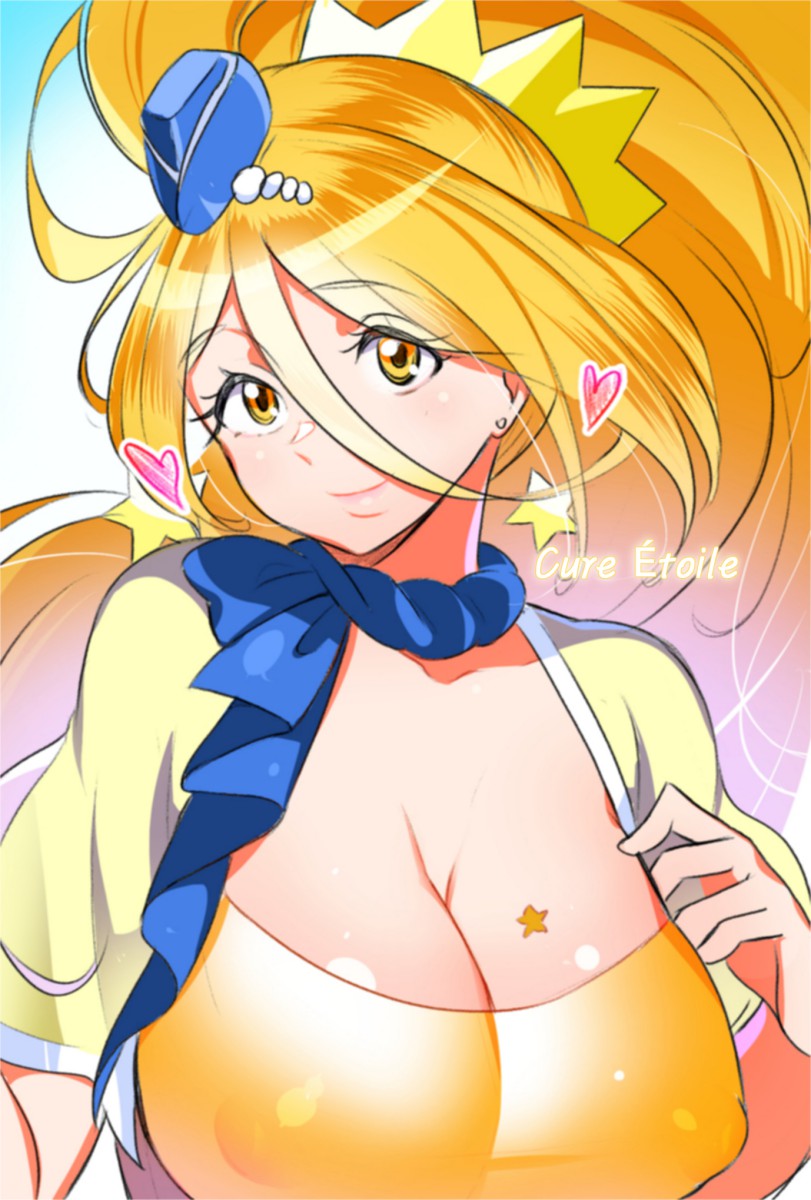 1girl, alternate_breast_size, blue_hat, breasts, character_name, cleavage, closed_mouth, cure_etoile