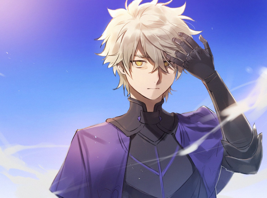 1boy, adjusting_hair, armor, blue_sky, closed_mouth, fate/grand_order, fate_(series), galahad_(fate)