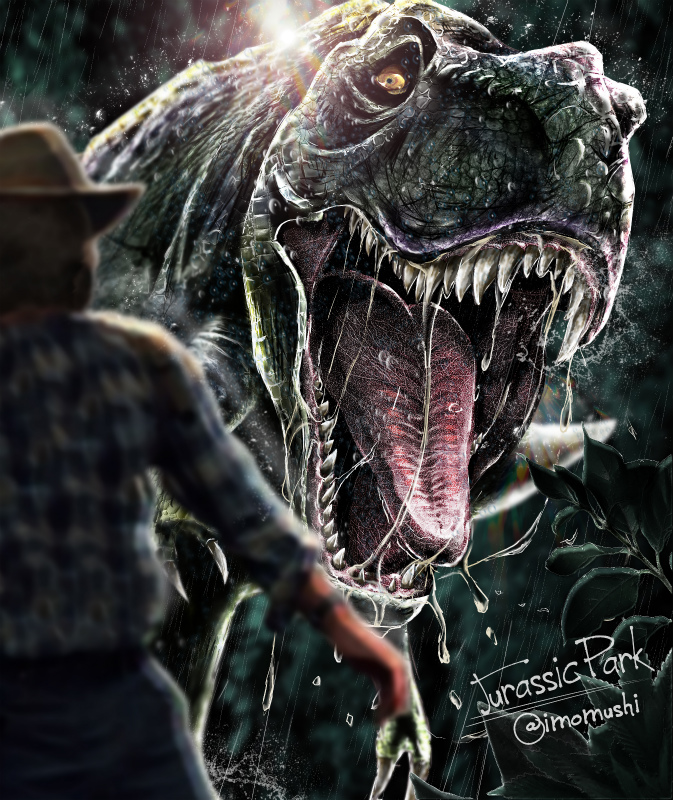 1boy, alan_grant, artist_name, blurry, blurry_foreground, claws, copyright_name, depth_of_field, dinosaur, drooling, hat, imomushi_(pixiv_9001433), jurassic_park, looking_at_another, open_mouth, outdoors, pants, plaid, plaid_shirt, rain, rexy_(jurassic_park), sharp_teeth, shirt, size_difference, solo_focus, standing, teeth, tongue, twitter_username, tyrannosaurus_rex, water, wet, yellow_eyes, yellow_sclera