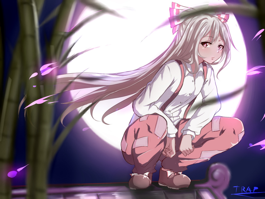1girl, bamboo, closed_mouth, collared_shirt, floating_hair, fujiwara_no_mokou, full_body, full_moon