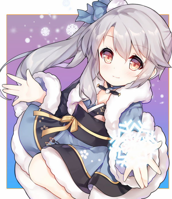 1girl, bangs, blue_bow, blue_capelet, blue_kimono, blush, bow, brown_eyes