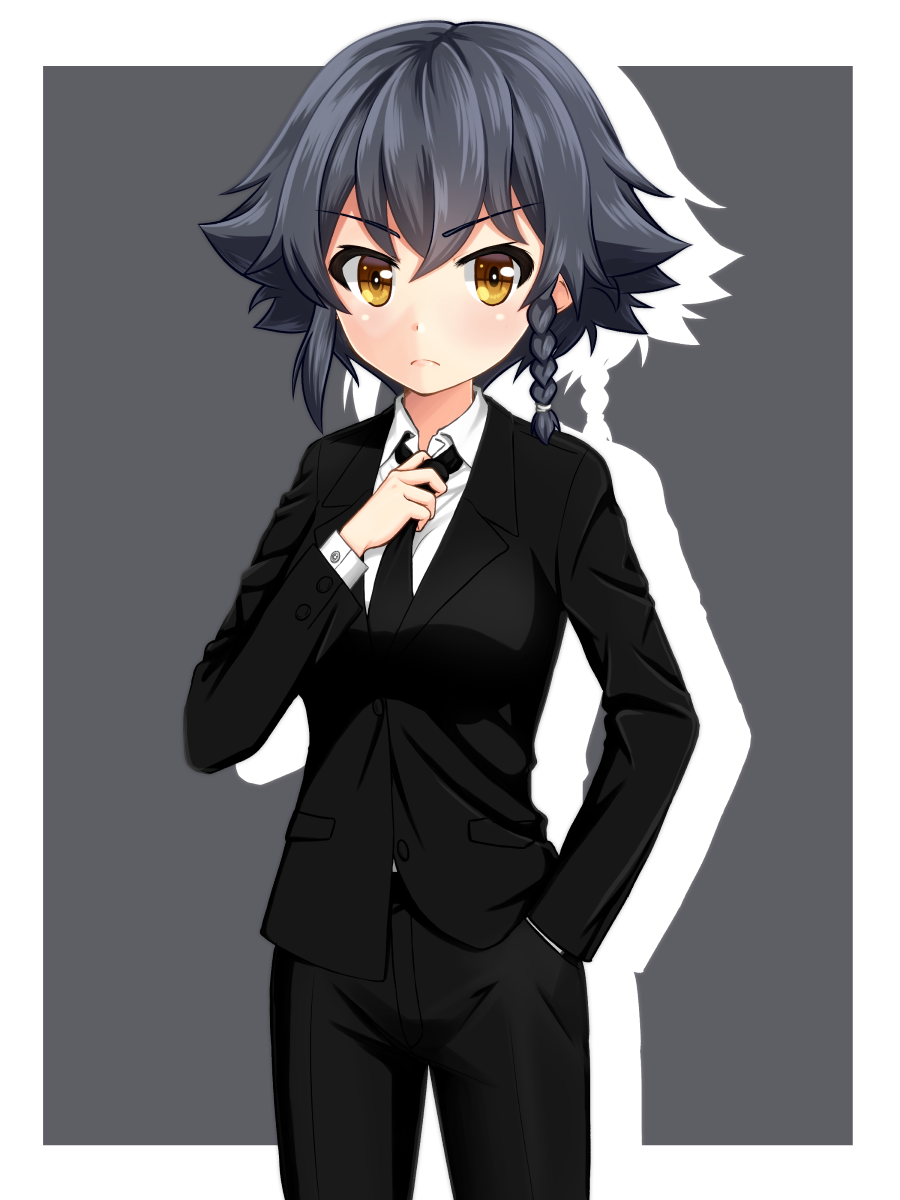 1girl, adjusting_clothes, adjusting_necktie, alternate_costume, bangs, black_hair, black_jacket, black_pants