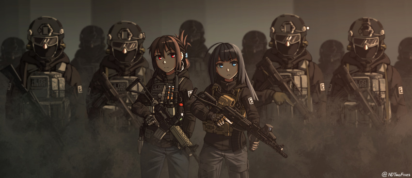 2girls, ahoge, ak-74m, angled_foregrip, armor, assault_rifle, balaclava, black_hair