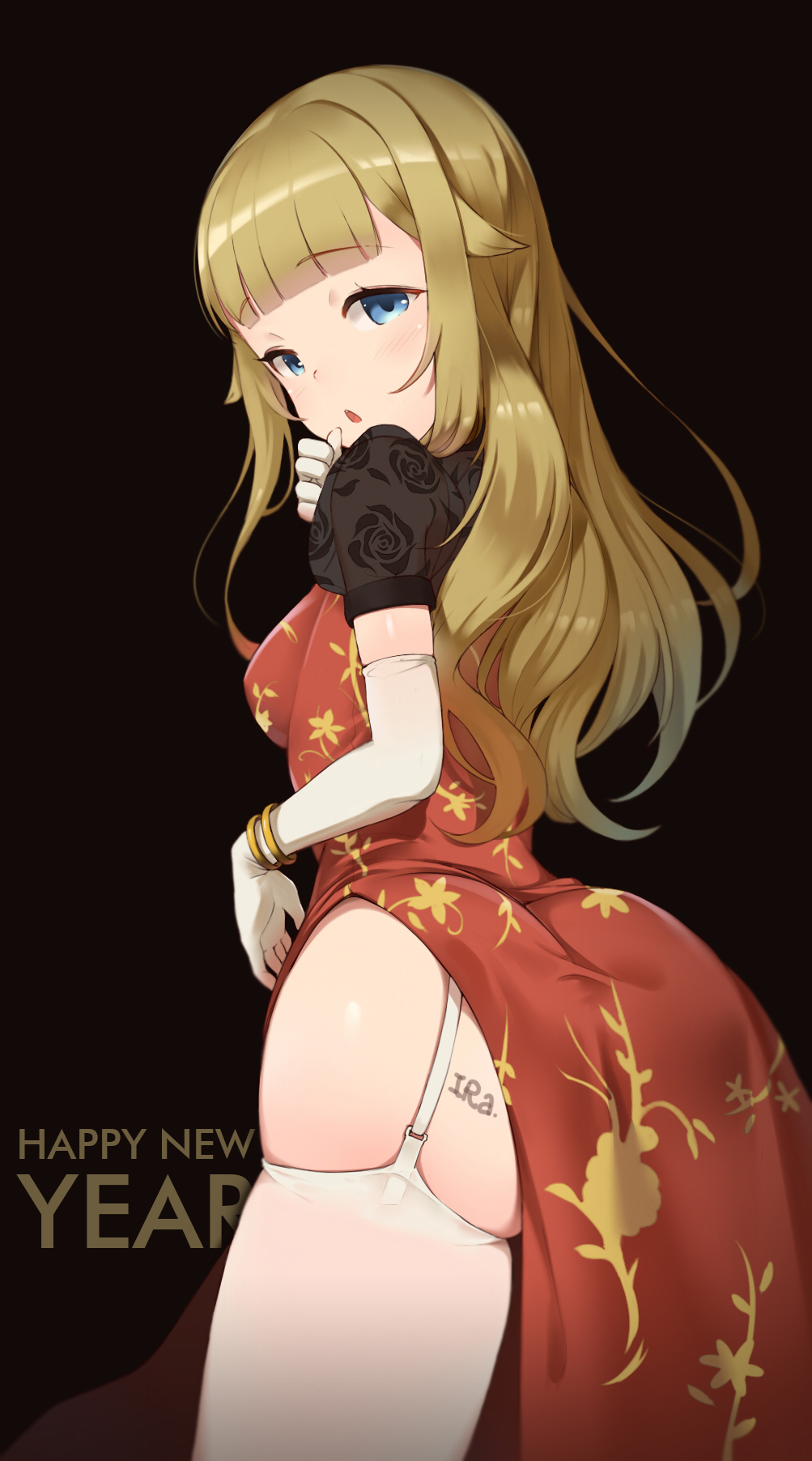 1girl, bangs, black_background, blonde_hair, blue_eyes, blunt_bangs, blush, bracelet
