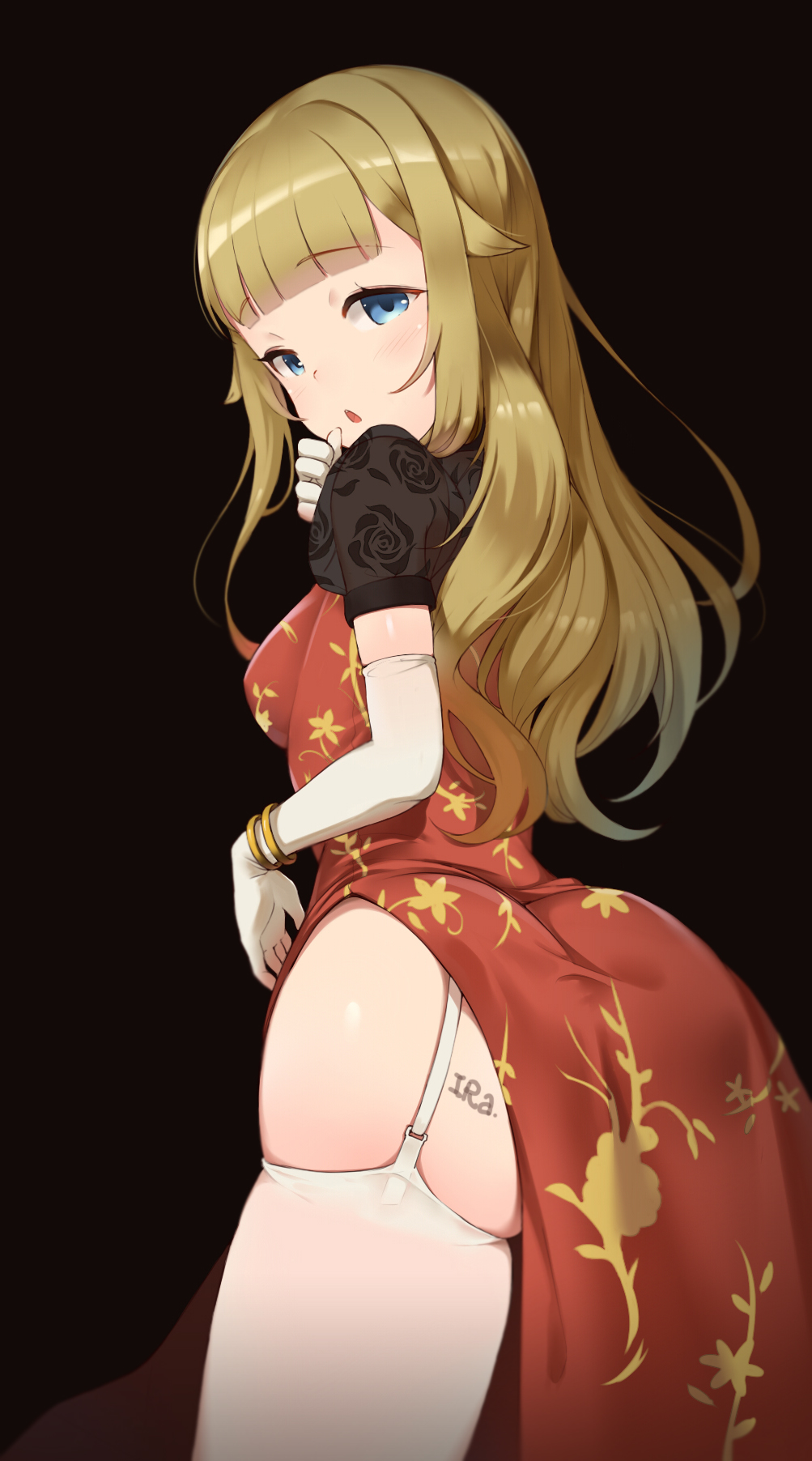 1girl, bangs, black_background, blonde_hair, blue_eyes, blunt_bangs, blush, bracelet, breasts, dress, elbow_gloves, eyebrows_visible_through_hair, from_behind, garter_straps, gloves, haapi_jang_p, highres, jewelry, long_hair, looking_at_viewer, medium_breasts, parted_lips, princess_(princess_principal), princess_principal, puffy_short_sleeves, puffy_sleeves, red_dress, see-through, short_sleeves, side_slit, skindentation, solo, standing, thigh-highs, white_gloves