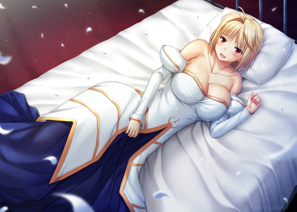 1girl, 2017, :d, antenna_hair, arcueid_brunestud, bare_shoulders, bed, blonde_hair, blush, breasts, cleavage, clenched_hand, collarbone, dated, detached_sleeves, dress, eyebrows_visible_through_hair, from_above, large_breasts, long_sleeves, lying, miyai_sen, number, on_bed, on_side, open_mouth, petals, pillow, red_eyes, short_hair, smile, solo, tsukihime