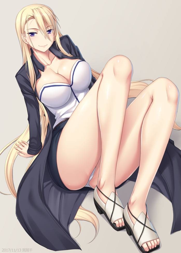 1girl, 2017, arm_support, black_jacket, black_skirt, blonde_hair, blush, breasts