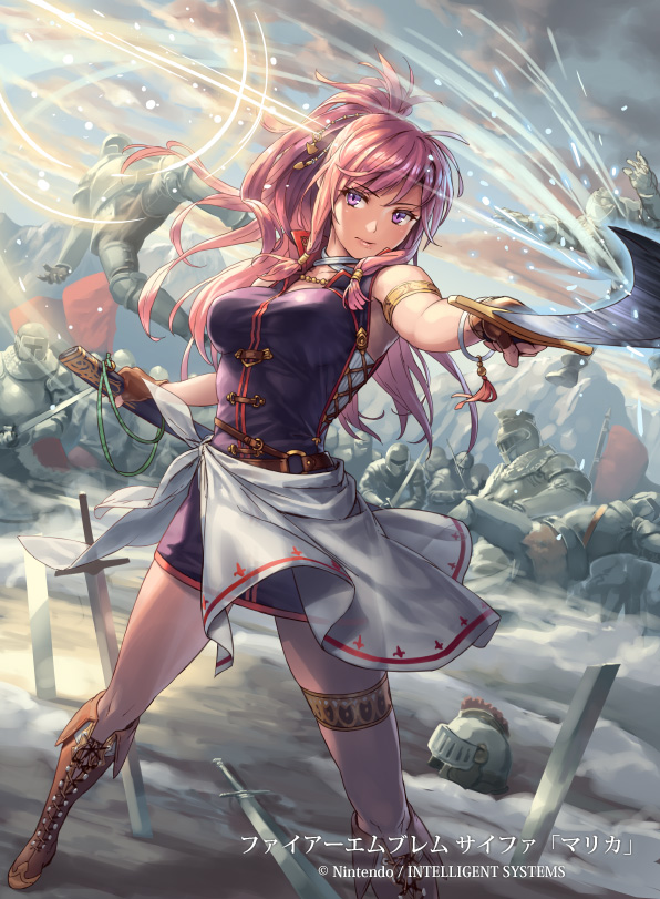 1girl, armlet, armor, bangs, boots, clouds, cloudy_sky, commentary_request, company_connection, copyright_name, cross-laced_footwear, cuboon, dress, eyebrows_visible_through_hair, fingerless_gloves, fire_emblem, fire_emblem:_seima_no_kouseki, fire_emblem_cipher, gloves, helmet, holding, holding_sword, holding_weapon, knee_boots, lace-up_boots, lips, long_hair, marica_(fire_emblem), multiple_boys, official_art, outdoors, ponytail, purple_hair, sheath, short_dress, sky, sleeveless, sword, thigh_strap, violet_eyes, weapon