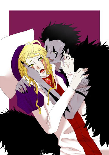 2boys, androgynous, bangs, big_hat, bishounen, black_hair, black_nails, blush, brago, brooch, curly_hair, demon, demon_boy, eyebrows, eyes, facial_mark, fur, gem, grey_skin, hat, headdress, jewelry, juliet_sleeves, konjiki_no_gash!!, large_hat, lips, long_hair, long_nails, long_sleeves, male, multiple_sleeves, no_eyebrows, open_mouth, orange_hair, pale_skin, pillow_hat, popped_collar, puffy_sleeves, purple_background, purple_hat, red_lips, ribbed_turtleneck, robe, sharp_nails, sharp_teeth, short_bangs, short_eyebrows, short_hair, short_over_long_sleeves, simple_background, thick_lips, turtleneck, wavy_hair, white_hat, white_robe, white_skin, yaoi, yellow_eyes, zofis