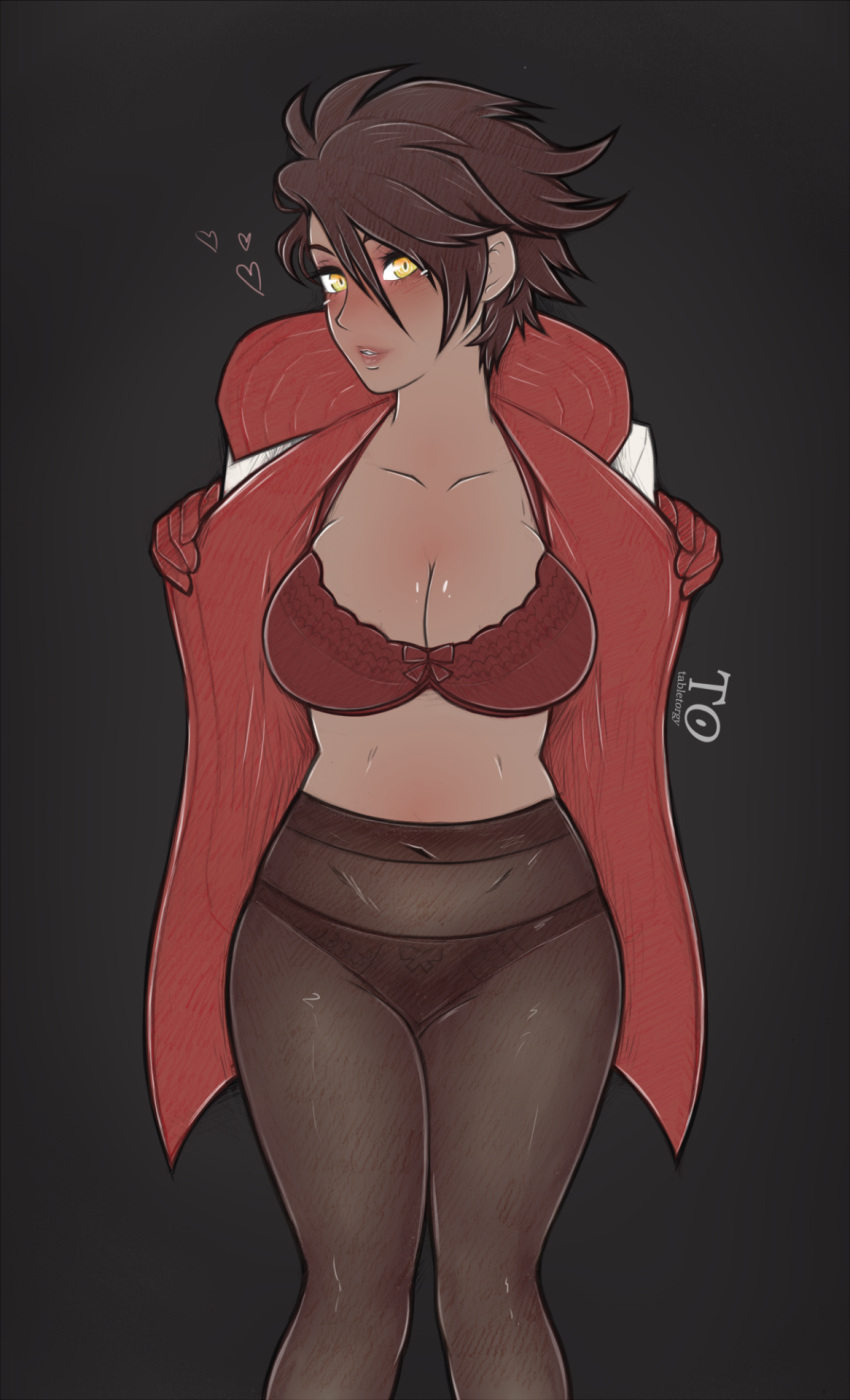 1girl, antiheld, black_background, blush, bra, breasts, brown_hair, candela_(pokemon), cleavage, coat, cowboy_shot, curvy, dark_skin, flipped_hair, gloves, grey_background, heart, highres, large_breasts, lips, midriff, open_clothes, open_coat, panties, panties_under_pantyhose, pantyhose, pokemon, pokemon_go, red_bra, red_gloves, sheer_legwear, short_hair, solo, spiky_hair, spiky_hair, stomach, thick_thighs, thighs, underwear, undressing, yellow_eyes