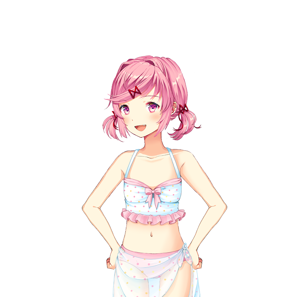 1girl, alternate_costume, alternate_hairstyle, belly_button, bikini, blush, bow, cowboy_shot