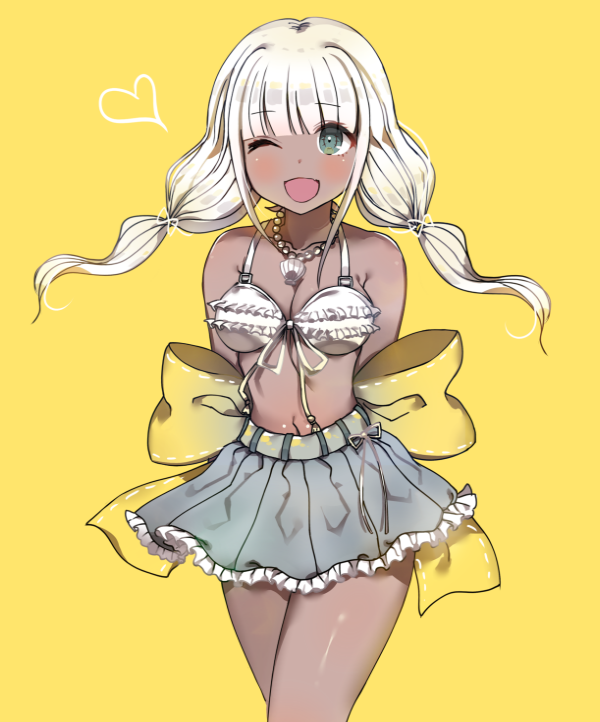 1girl, arms_behind_back, bangs, bikini_top, blue_skirt, blunt_bangs, blush, breasts