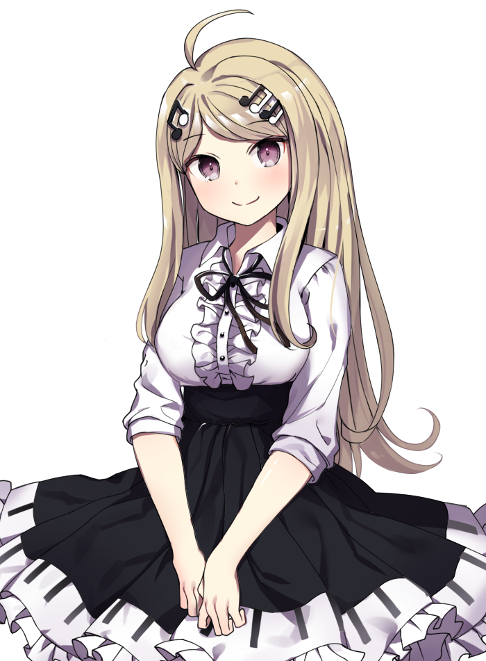 1girl, ahoge, akamatsu_kaede, blonde_hair, dangan_ronpa, dress, hair_ornament, hairclip