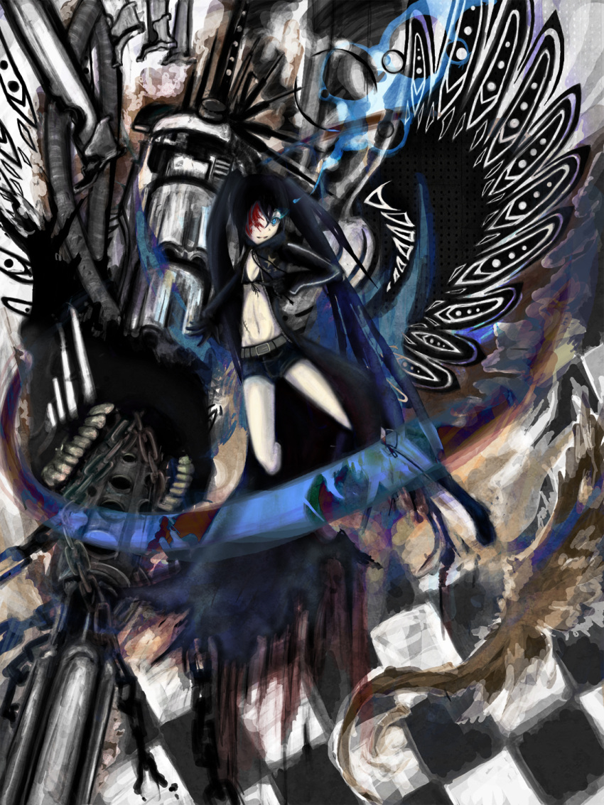 bangs, belt, bikini_top, black_hair, black_rock_shooter, black_rock_shooter_(character), blood, blue_eyes