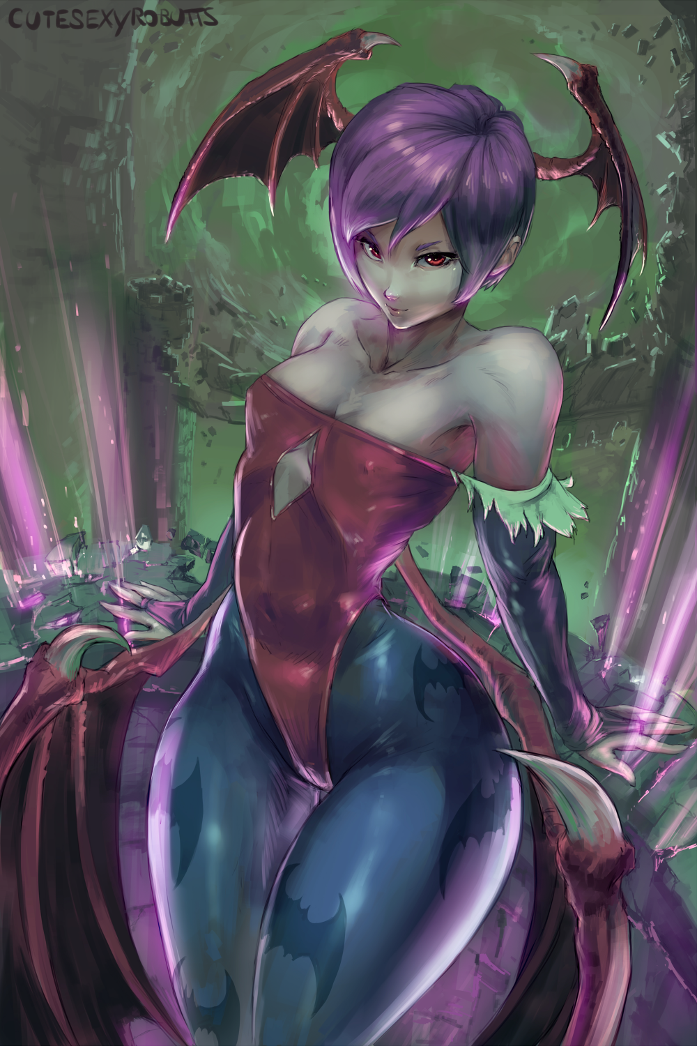 1girl, animal_print, artist_name, bare_shoulders, bat_print, breasts, bridal_gauntlets, capcom, covered_navel, covered_nipples, cutesexyrobutts, demon_girl, elbow_gloves, gloves, head_wings, highres, light_smile, lilith_aensland, looking_at_viewer, low_wings, pantyhose, pink_hair, red_eyes, robutts, short_hair, signature, sitting, small_breasts, solo, succubus, thick_thighs, thighs, vampire_(game), wide_sleeves, wings