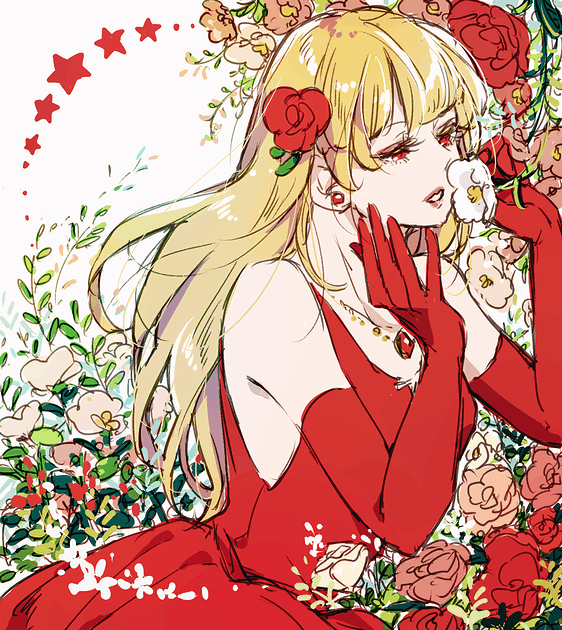 1girl, bangs, bare_shoulders, blonde_hair, breasts, dress, earrings, elbow_gloves