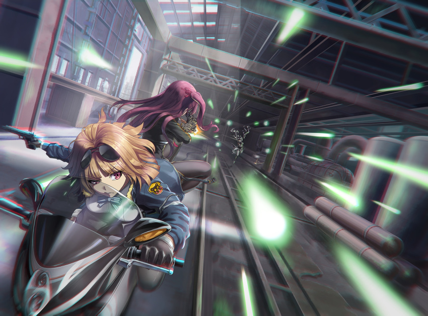 3girls, action, armor, armored_boots, aviator_sunglasses, bangs, black_eyes, black_footwear