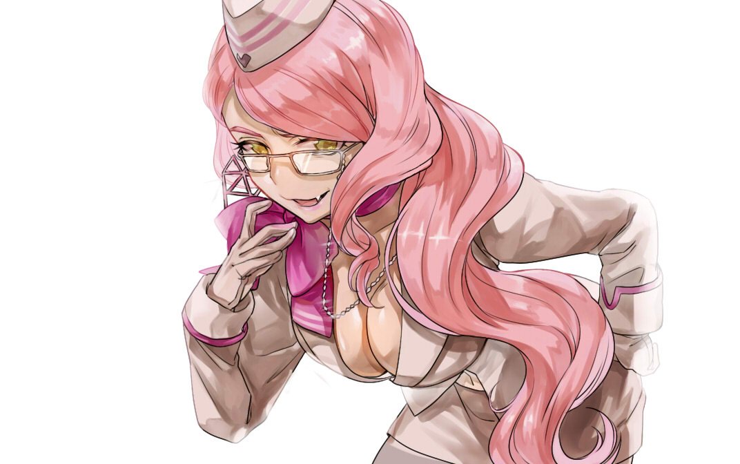 1girl, breasts, choker, cleavage, commentary_request, earrings, fang, fang_out, fate/grand_order, fate_(series), formal, glasses, gloves, hat, jewelry, koyanskaya, long_hair, looking_at_viewer, pink_hair, ribbon, ribbon_choker, smile, solo, stardust_(star), suit, very_long_hair, white_background, white_gloves, yellow_eyes