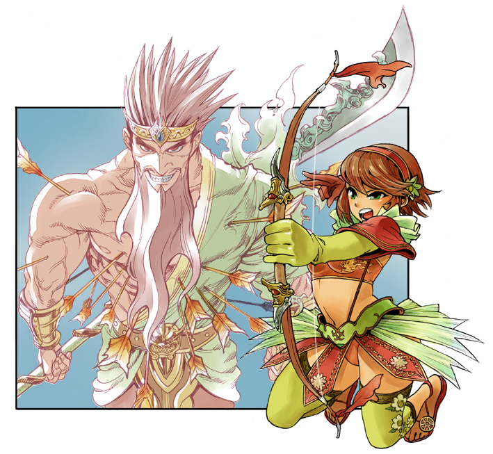 1boy, 1girl, breasts, commentary_request, facial_hair, guan_yu, mimonel, monster, sangoku_musou, short_hair, sun_shang_xiang, weapon
