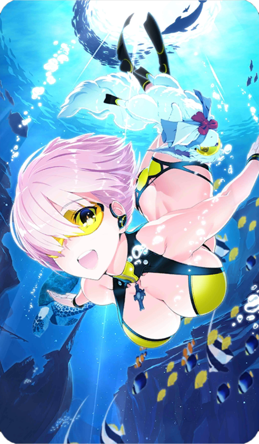 1girl, ass, ass_cutout, bikini, black_footwear, black_wristband, blue_capelet, breasts, bubble, butt_crack, capelet, cleavage, cleavage_cutout, craft_essence, cravat, creature, cross, cross_necklace, dive_to_blue, diving, dolphin, fate/grand_order, fate_(series), fish, fou_(fate/grand_order), halter_top, halterneck, highres, jewelry, lavender_hair, mash_kyrielight, necklace, official_art, open_mouth, red_neckwear, ship, smile, striped_wristband, swimming, swimsuit, underwater, watercraft, wristband, yellow-framed_eyewear, yellow_bikini, zipper