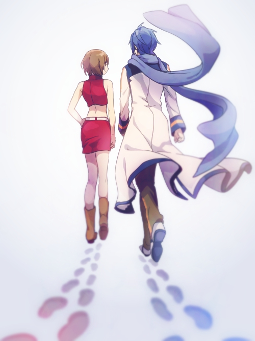 1boy, 1girl, akiyoshi_(tama-pete), back_turned, bare_arms, bare_legs, blue_coat, blue_footwear