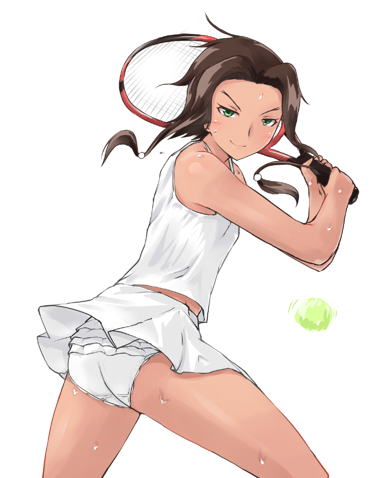 1girl, ass, ball, brown_hair, cowboy_shot, crotch_seam, dark_skin, debutya_aki, frilled_panties, frills, from_side, green_eyes, holding, lace, lace-trimmed_panties, long_hair, looking_at_viewer, megan_davin, miniskirt, panties, pleated_skirt, racket, saki, shirt, simple_background, skirt, sleeveless, sleeveless_shirt, smile, solo, sweat, tennis_ball, tennis_racket, underwear, v-shaped_eyebrows, white_background, white_panties, white_shirt, white_skirt