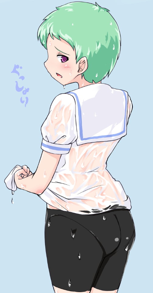 1girl, ass, bike_shorts, black_shorts, blue_background, cowboy_shot, debutya_aki, dress
