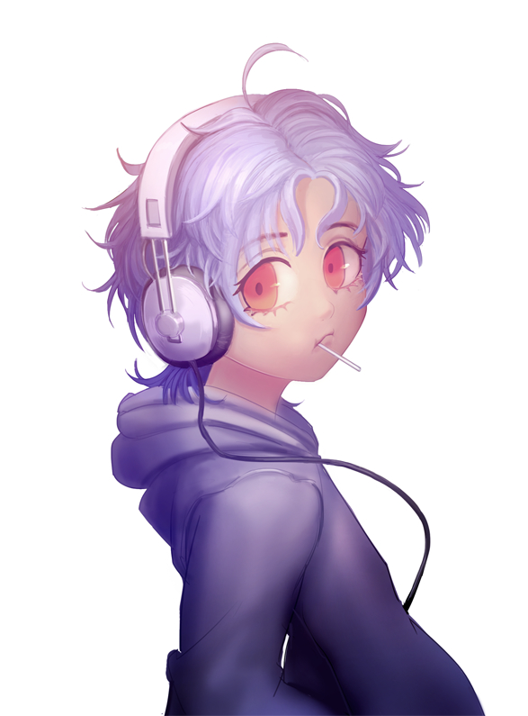 ahoge, blue_hair, blue_hoodie, brown_eyes, closed_mouth, curly_hair, food, headphones