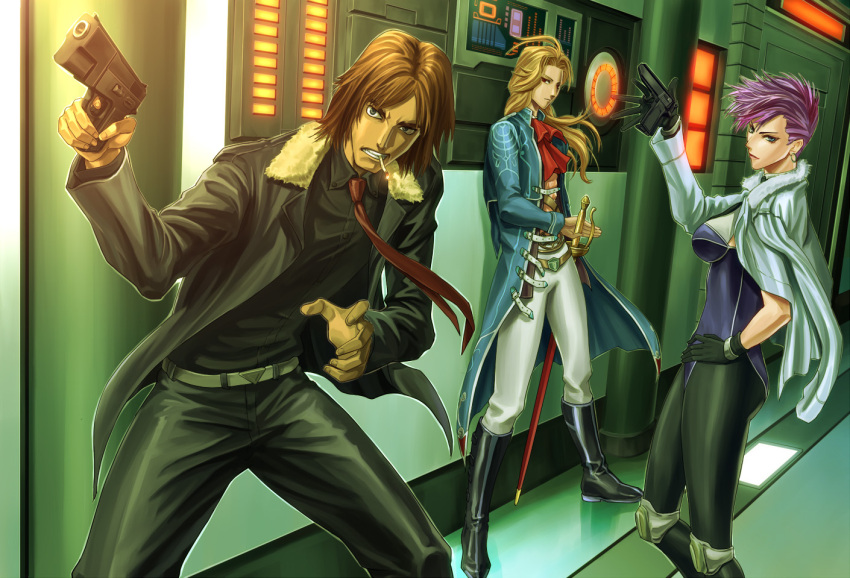 1girl, blonde_hair, breasts, commentary_request, doll_(saga_frontier), fuse_(saga_frontier), gloves, kuroppu_66, long_hair, multiple_boys, pantyhose, saga, saga_frontier, short_hair, silence_(saga_frontier)