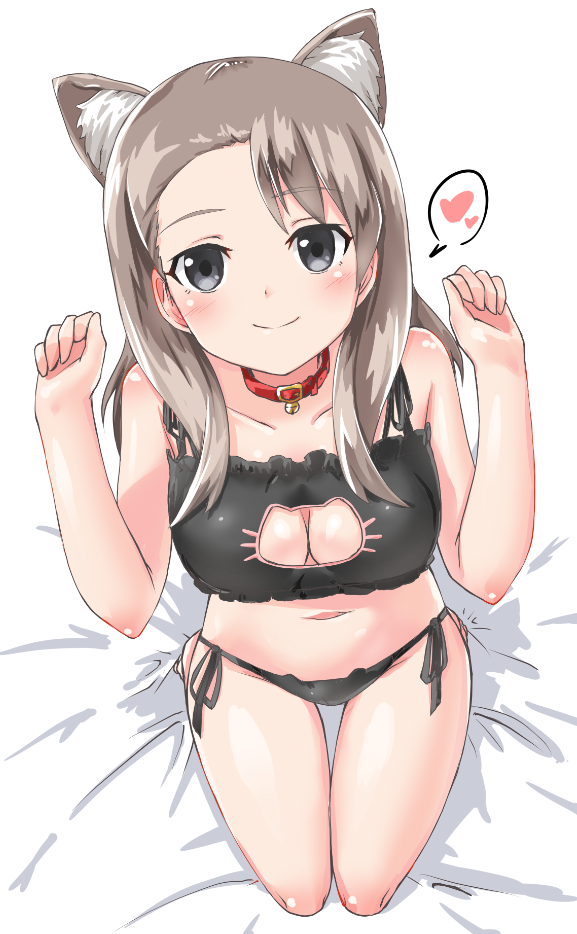 1girl, animal_ears, asymmetrical_bangs, bangs, bell, bell_choker, black_bra, black_panties