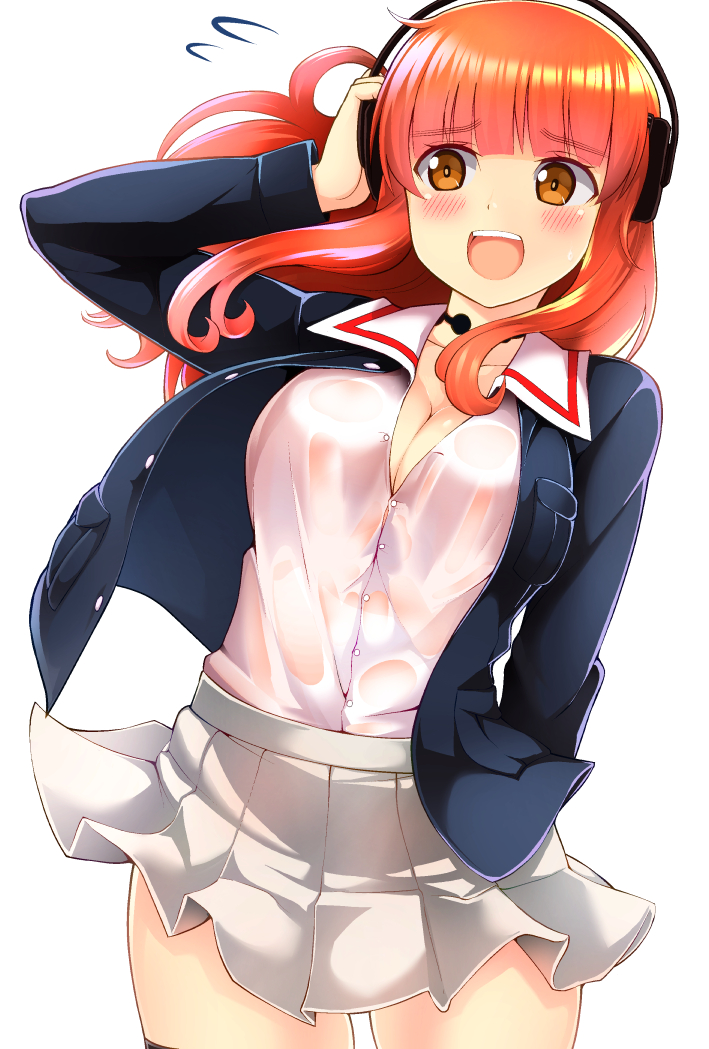 1girl, arm_behind_back, bangs, black_legwear, blue_jacket, blunt_bangs, breasts, cleavage