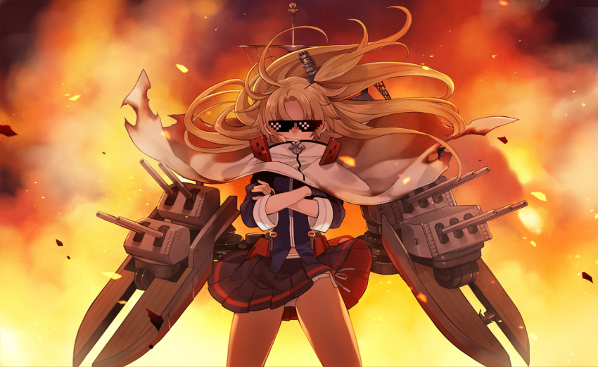 1girl, azur_lane, bangs, blonde_hair, burnt_clothes, cape, cleveland_(azur_lane), cowboy_shot