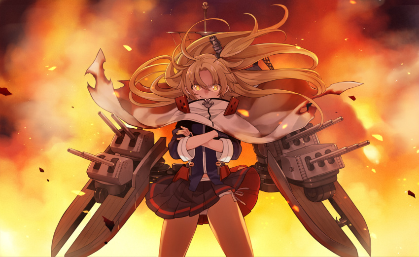 1girl, azur_lane, bangs, blonde_hair, burnt_clothes, cape, cleveland_(azur_lane), cowboy_shot, crossed_arms, debris, dollar_sign, explosion, fingerless_gloves, gloves, gunbuster_pose, long_hair, long_sleeves, looking_at_viewer, one_side_up, open_mouth, panties, pantyshot, pantyshot_(standing), pleated_skirt, rigging, side-tie_panties, skirt, smile, smirk, solo, split_bangs, standing, symbol-shaped_pupils, turret, underwear, white_panties, yellow_eyes, yuko_(uc_yuk)